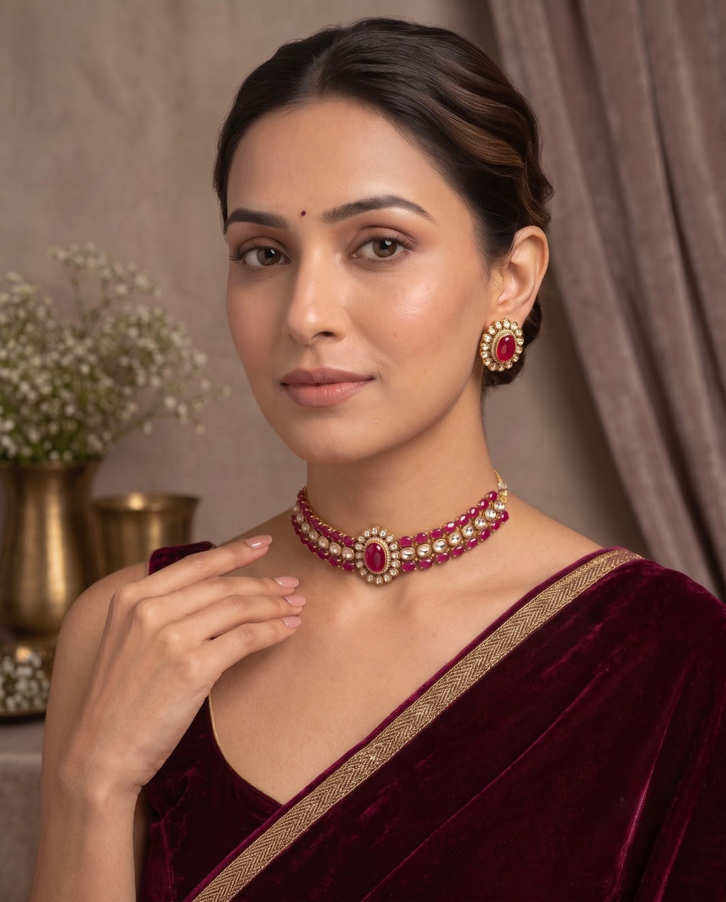 Model Image

Woman wearing the Ruby Bloom Kundan Choker Set with matching ruby-red floral earrings.