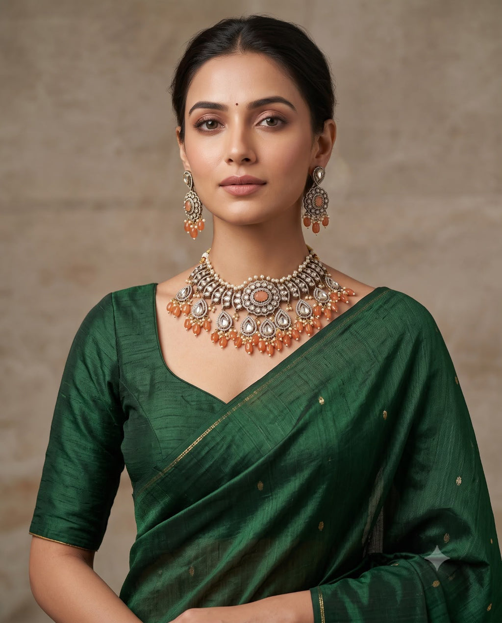 Woman wearing peach kundan bridal choker necklace set with earrings