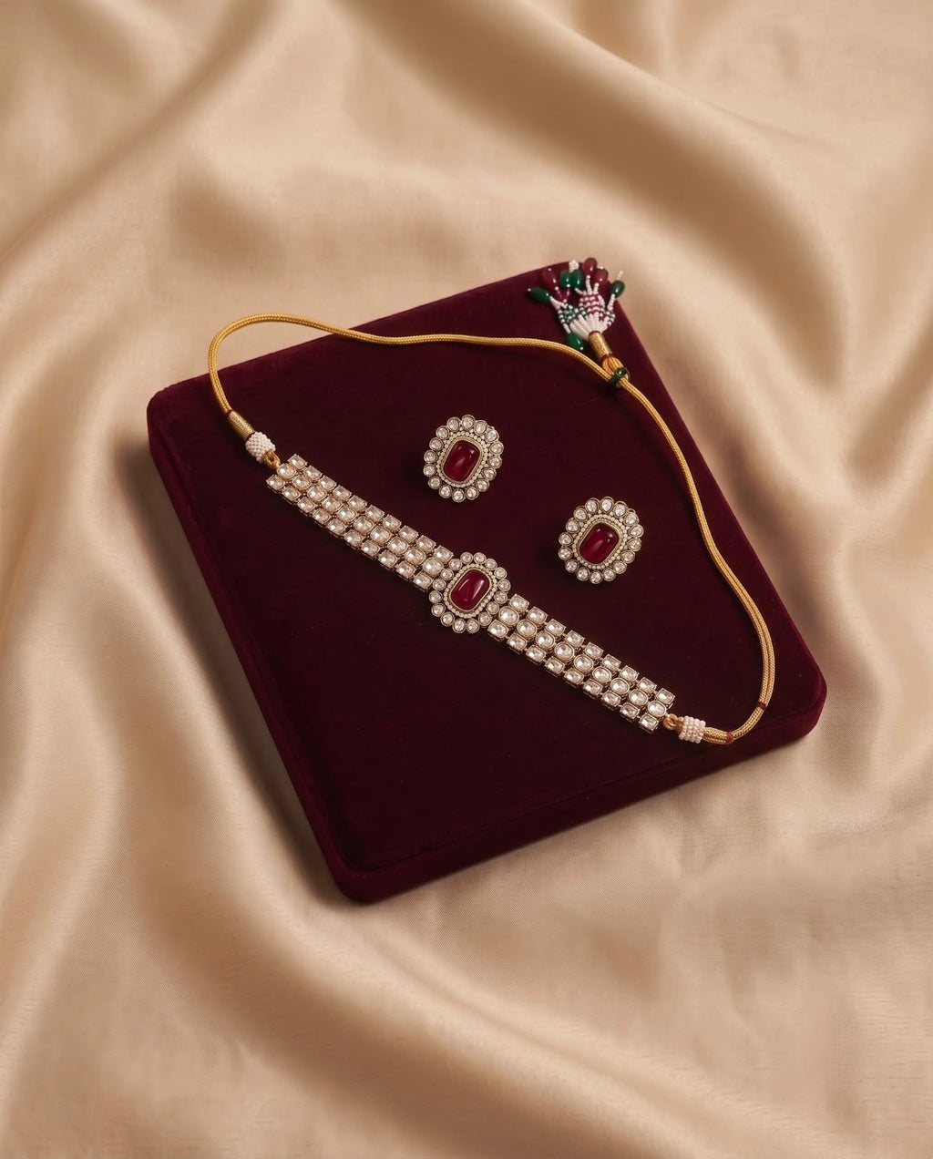 Ruby red kundan necklace set with matching earrings on burgundy velvet