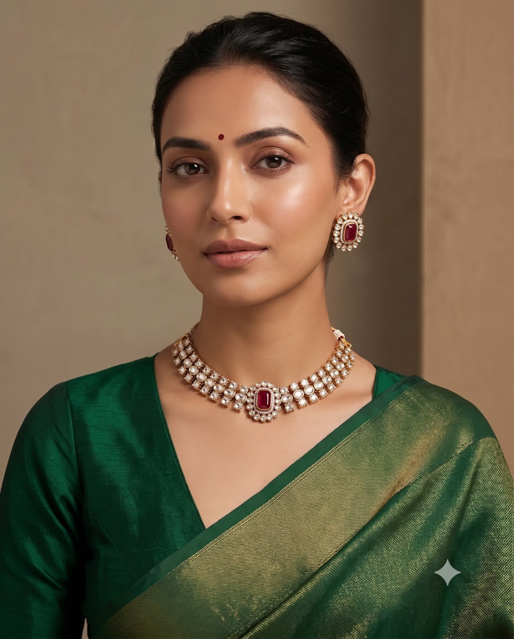 Woman wearing ruby red kundan choker necklace set with matching earrings
