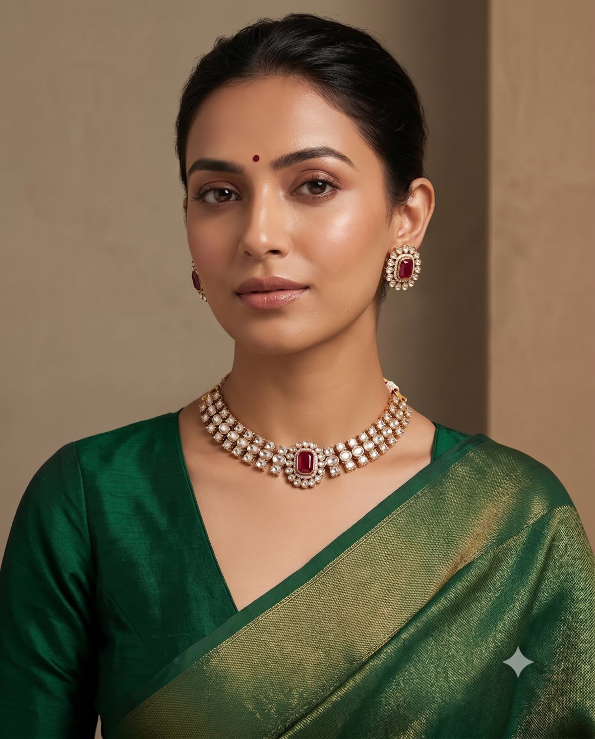 Woman wearing ruby red kundan choker necklace set with matching earrings
