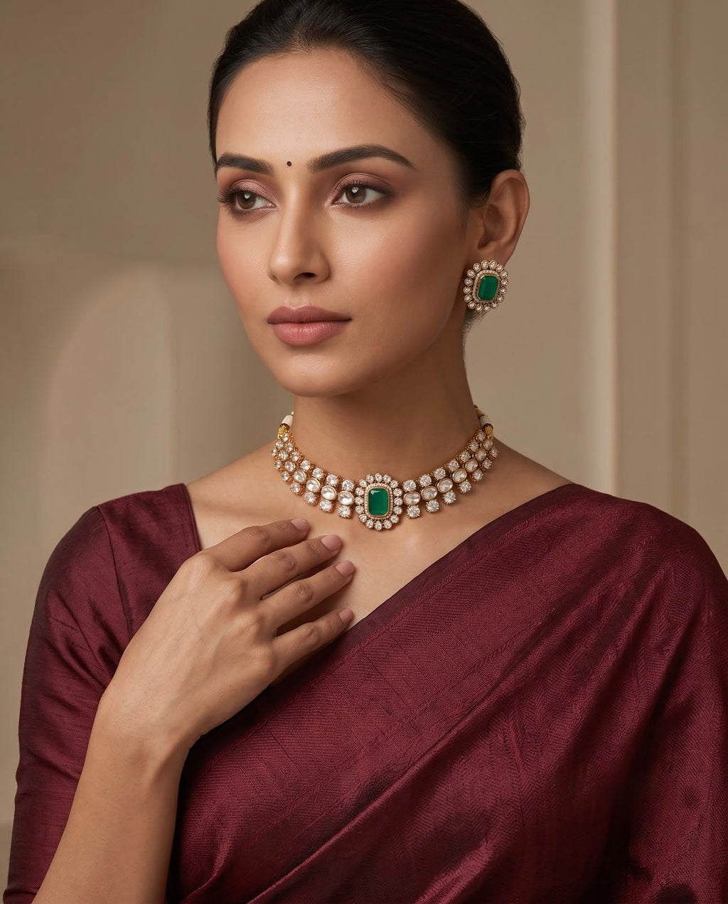 Woman wearing emerald green kundan choker necklace set with matching earrings