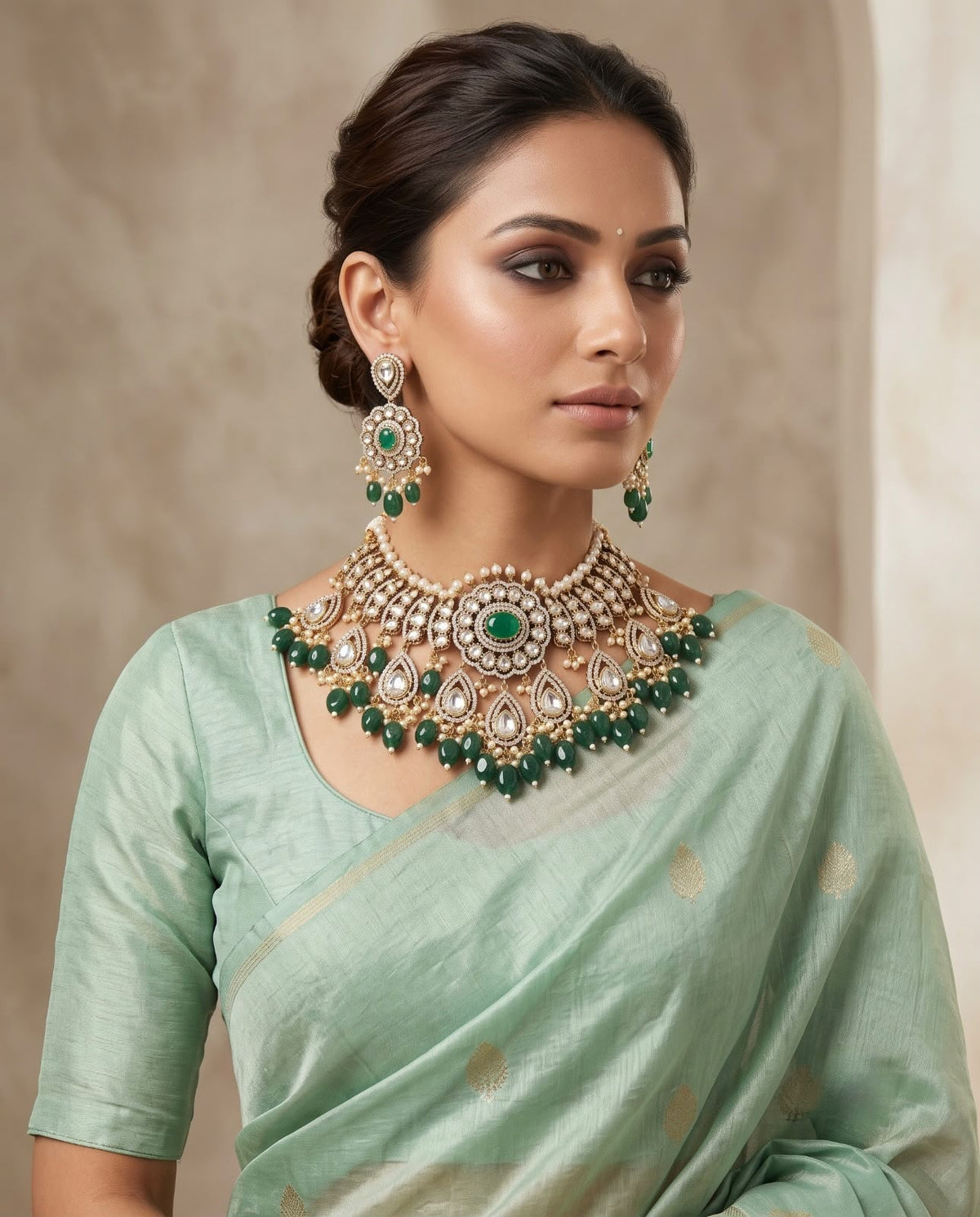 Woman wearing emerald green kundan bridal necklace set with long earrings