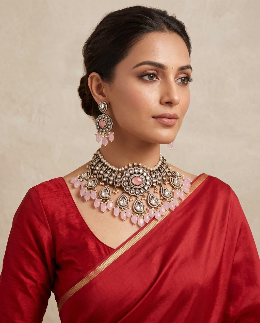 Woman wearing pink kundan bridal choker necklace set with matching earrings