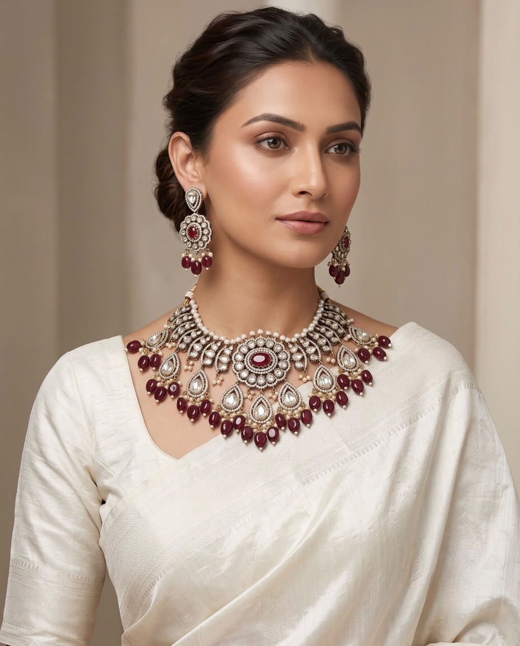 Woman wearing ruby red kundan choker necklace set with earrings