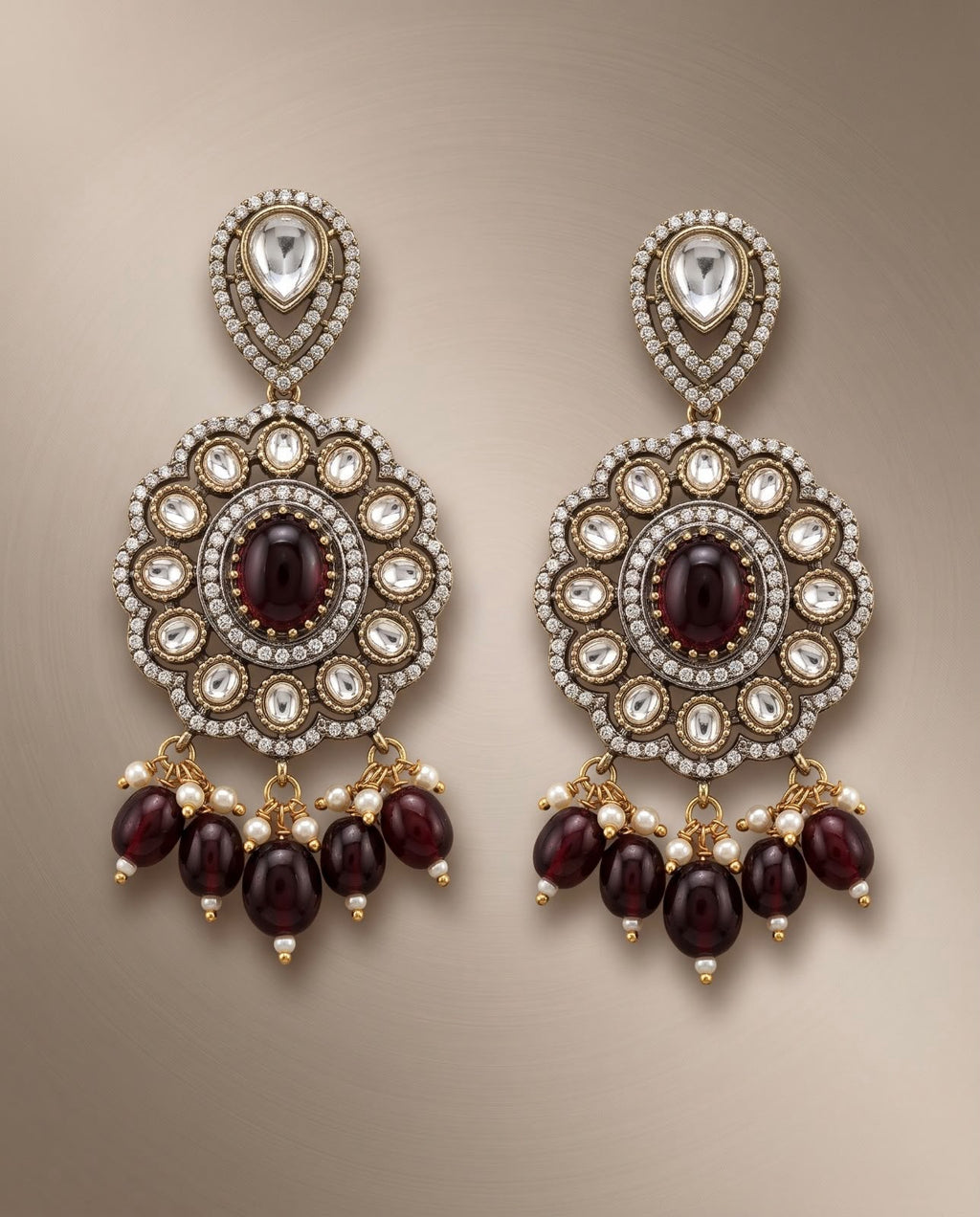 Ruby red kundan bridal earrings with deep red bead drops