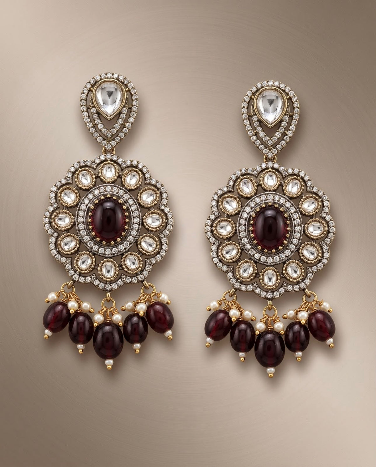 Ruby red kundan bridal earrings with deep red bead drops