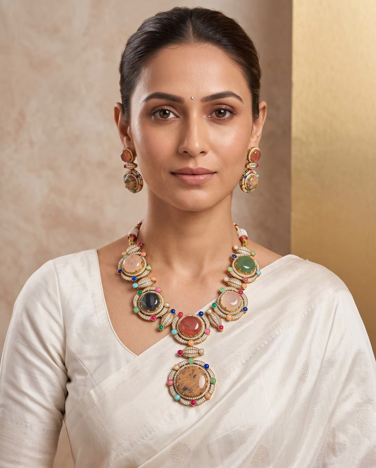 Woman wearing Celestia multicolor statement necklace with matching earrings.