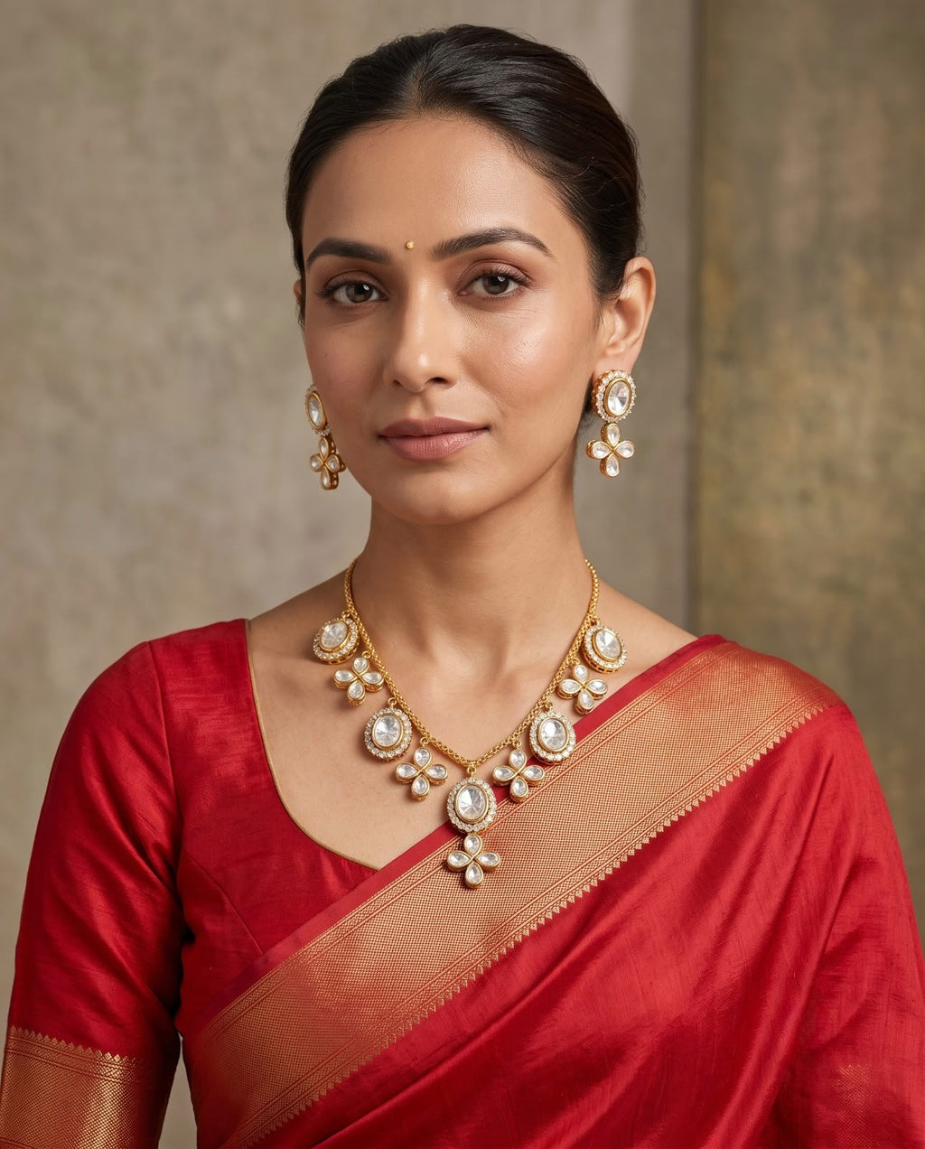 Woman wearing gold pearl necklace and teardrop earrings with blue saree