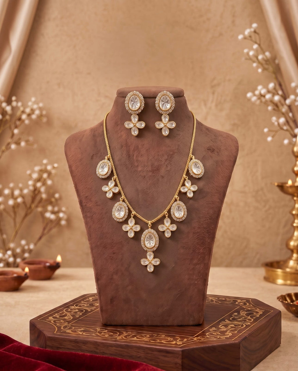 Gold pearl necklace set with matching earrings on jewellery display
