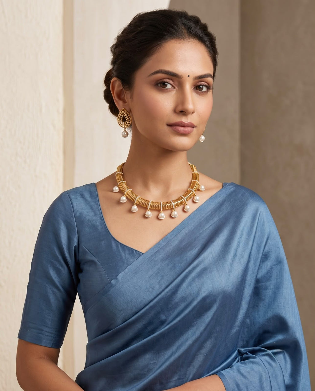 Woman wearing gold pearl necklace and teardrop earrings with blue saree