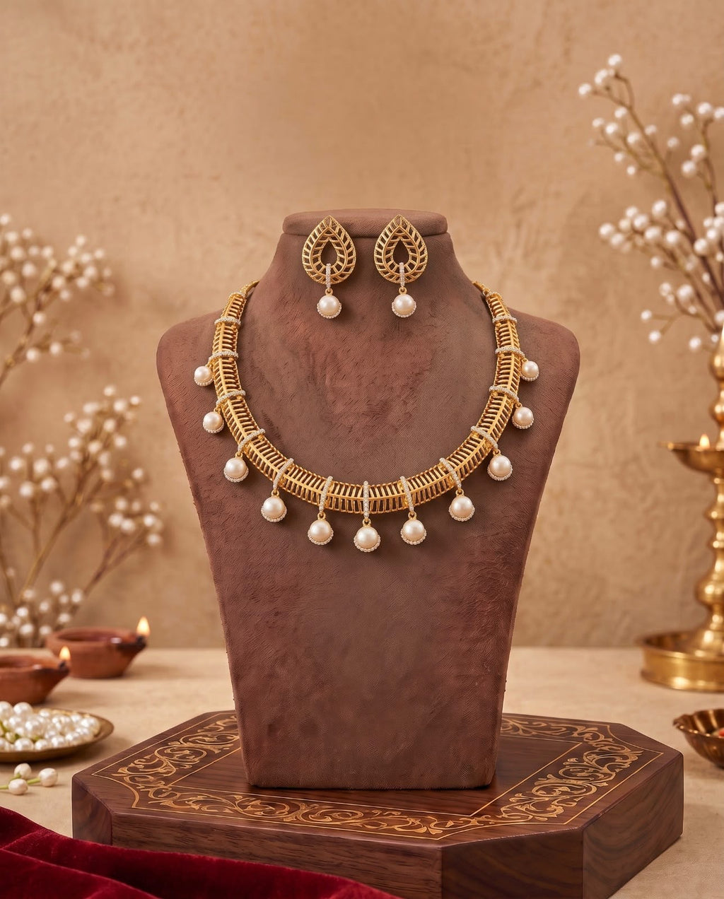 Gold pearl necklace set with matching earrings on jewellery display