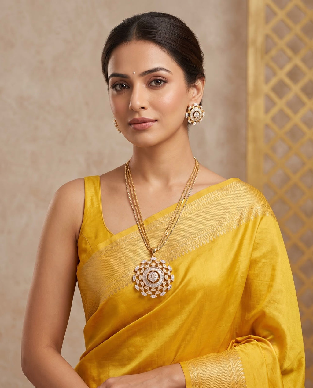 Woman wearing gold ruby and pearl geometric necklace set with pink saree