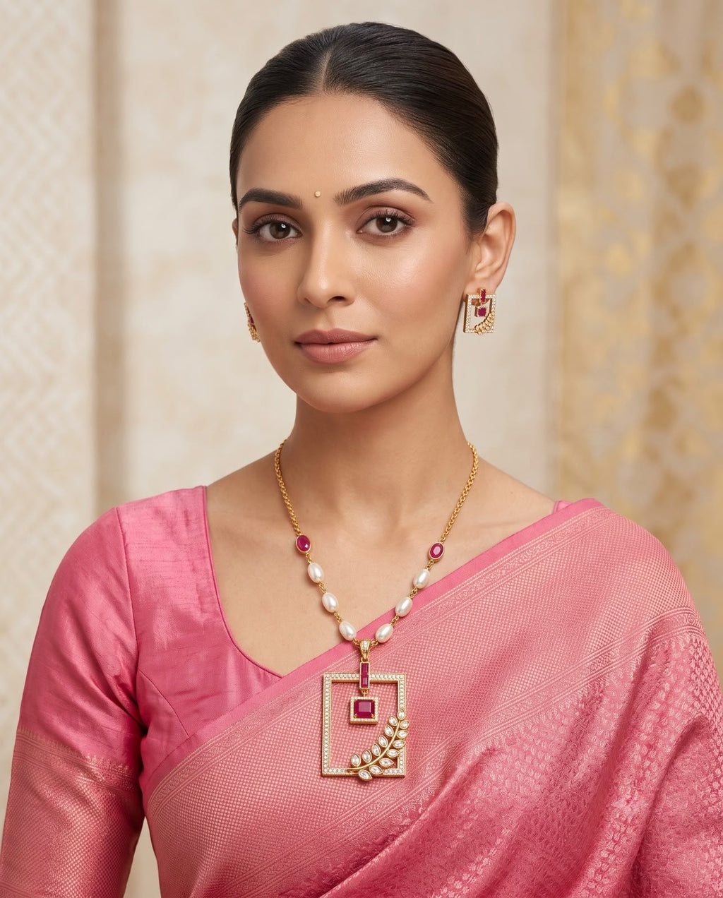 Woman wearing gold ruby and pearl geometric necklace set with pink saree