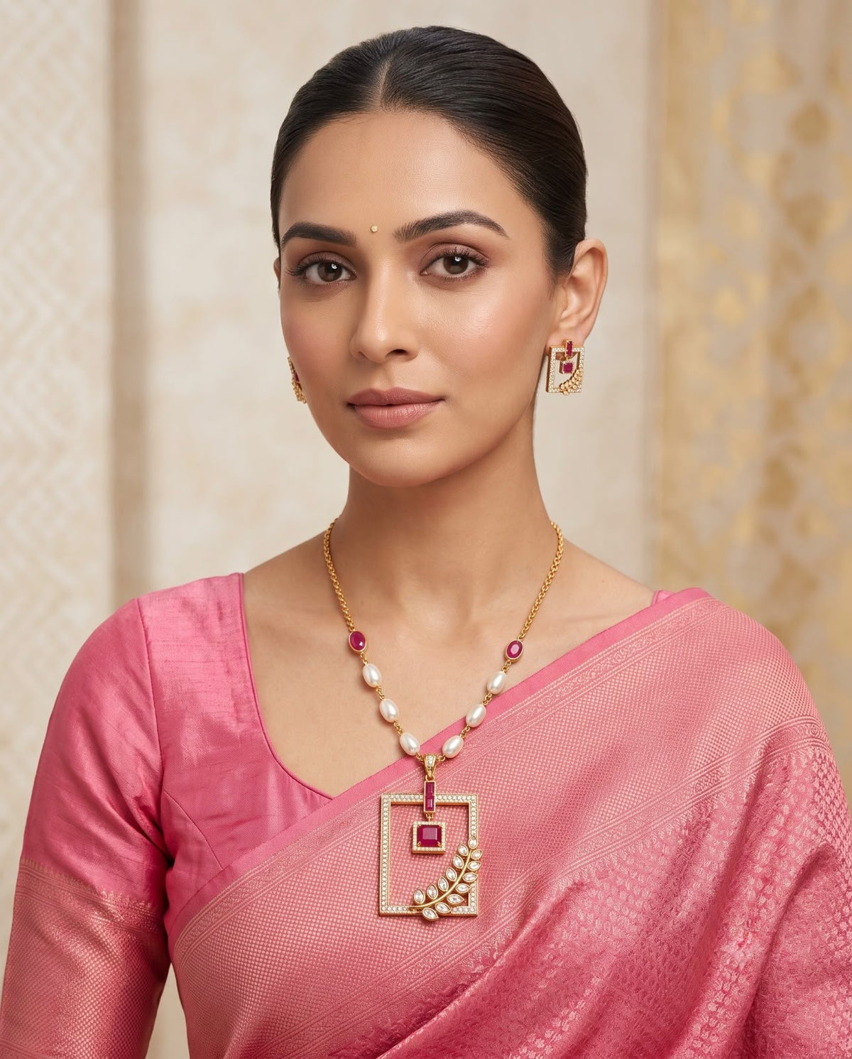 Woman wearing gold ruby and pearl geometric necklace set with pink saree