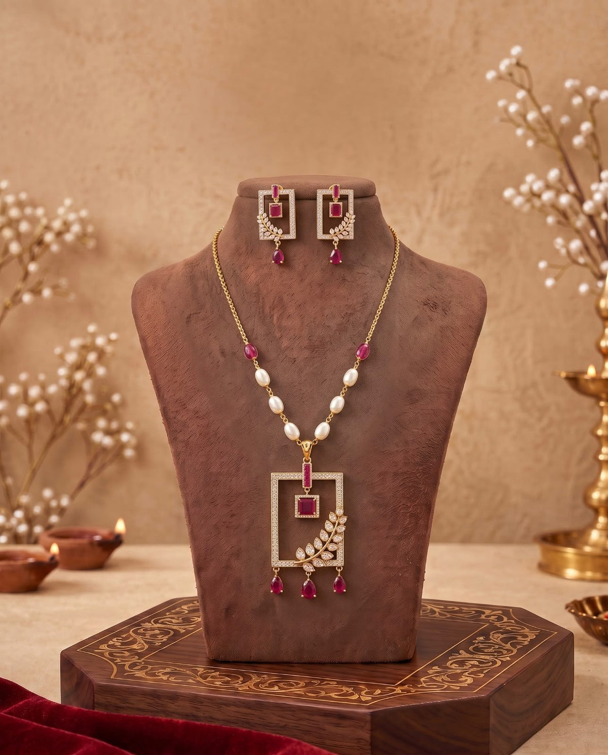 Gold ruby and pearl geometric necklace set displayed on jewellery bust