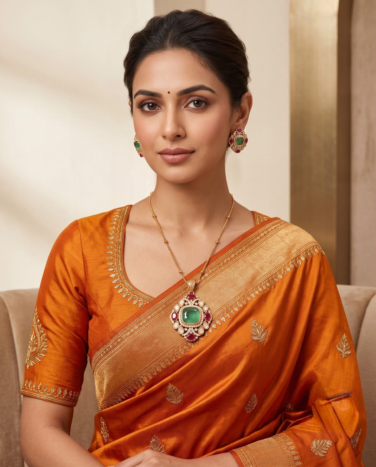 Woman wearing gold emerald and ruby statement necklace set with orange saree