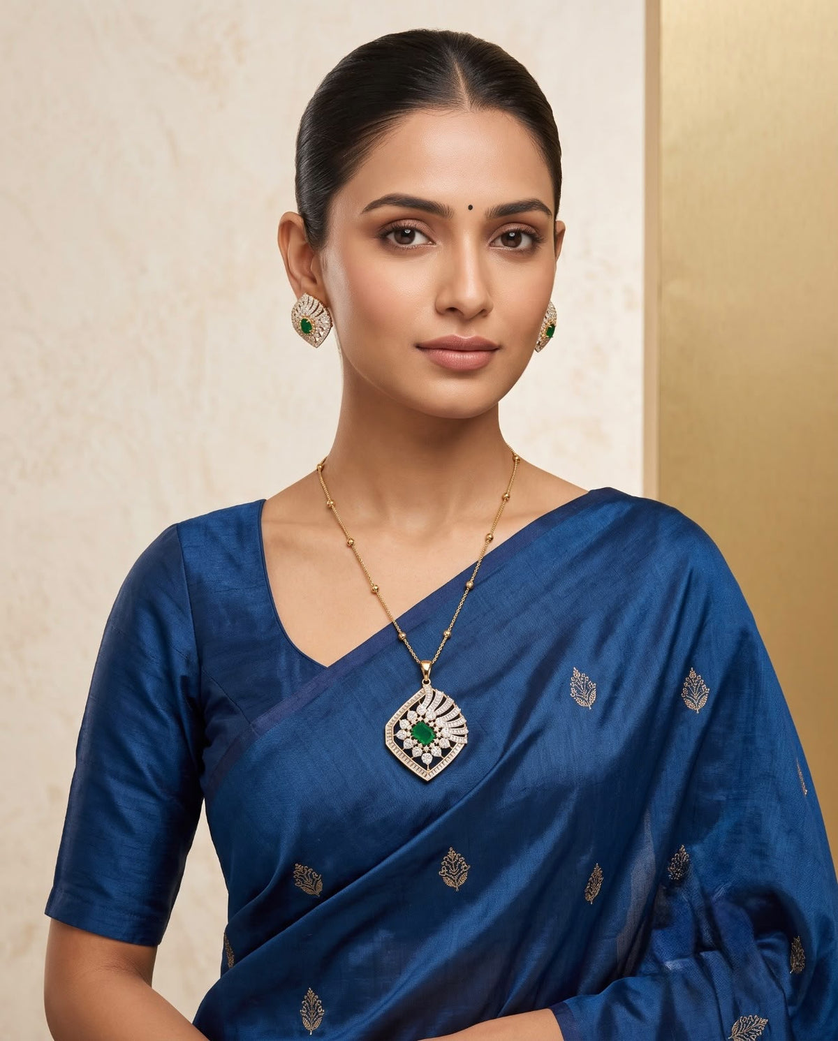 Gold-tone green stone pendant necklace set worn with blue saree