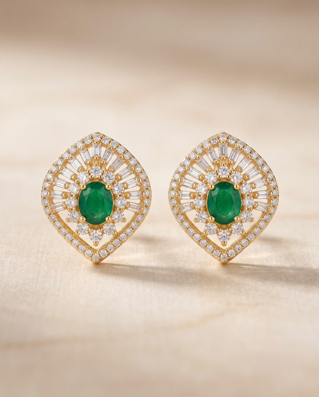Green stone gold-tone statement earrings with sparkling stone detailing