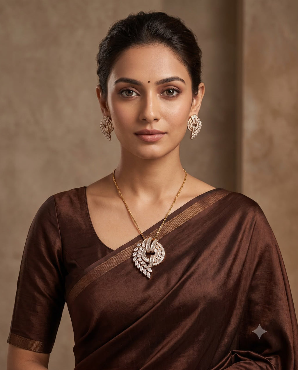 Woman wearing gold-tone green stone layered necklace set with pink saree