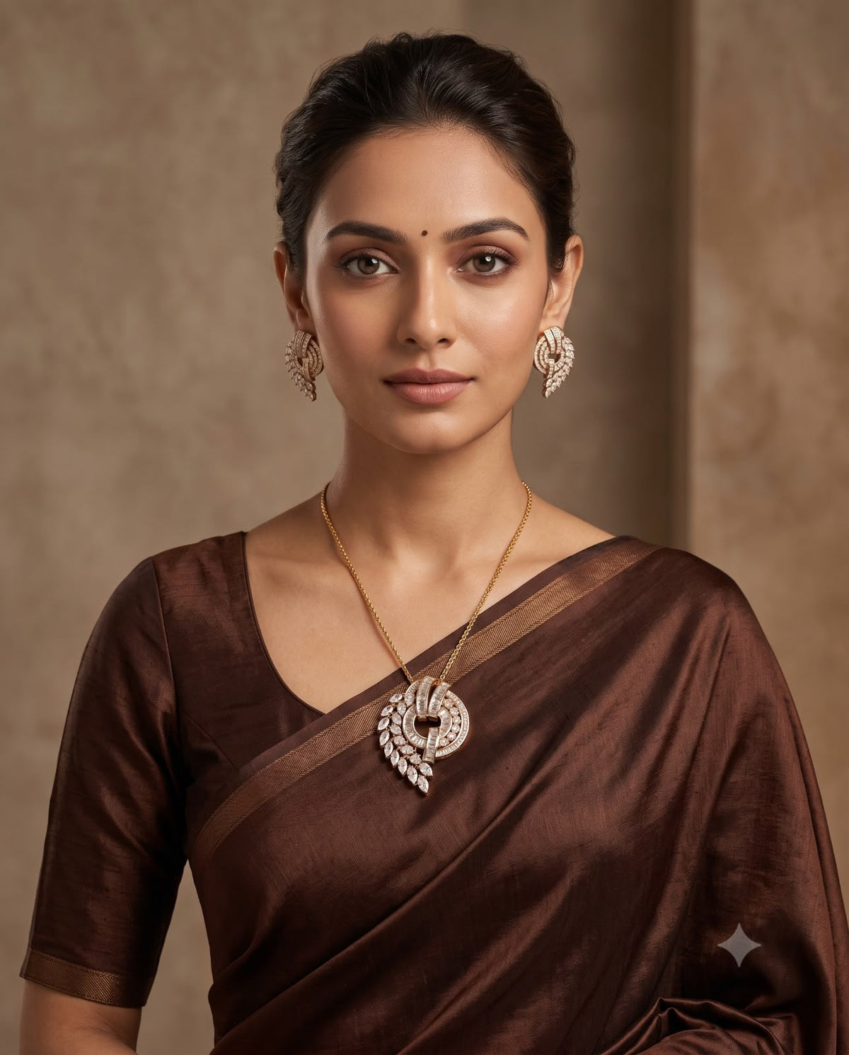 Woman wearing gold-tone green stone layered necklace set with pink saree