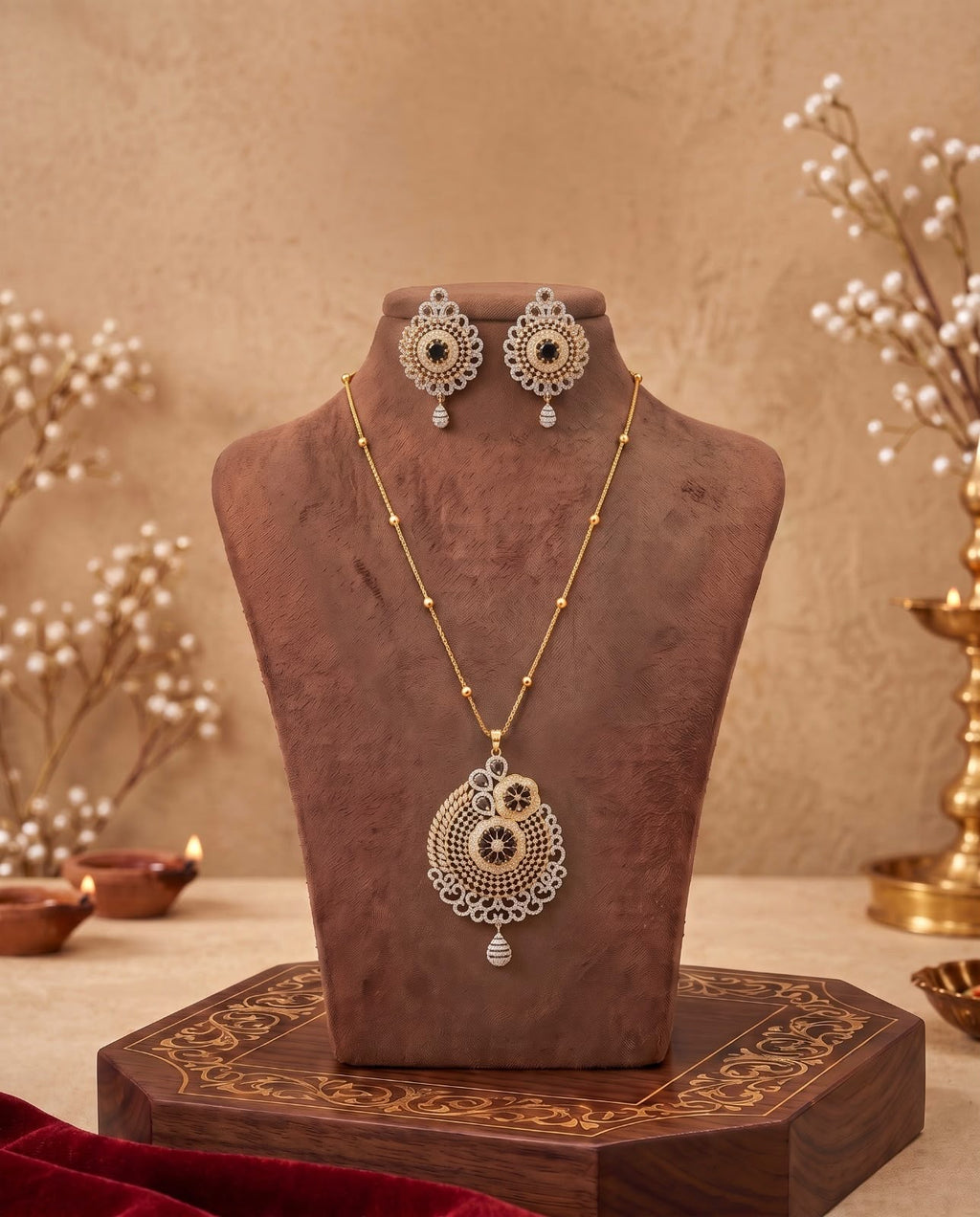 Gold-tone black stone floral necklace set displayed on jewellery bust
