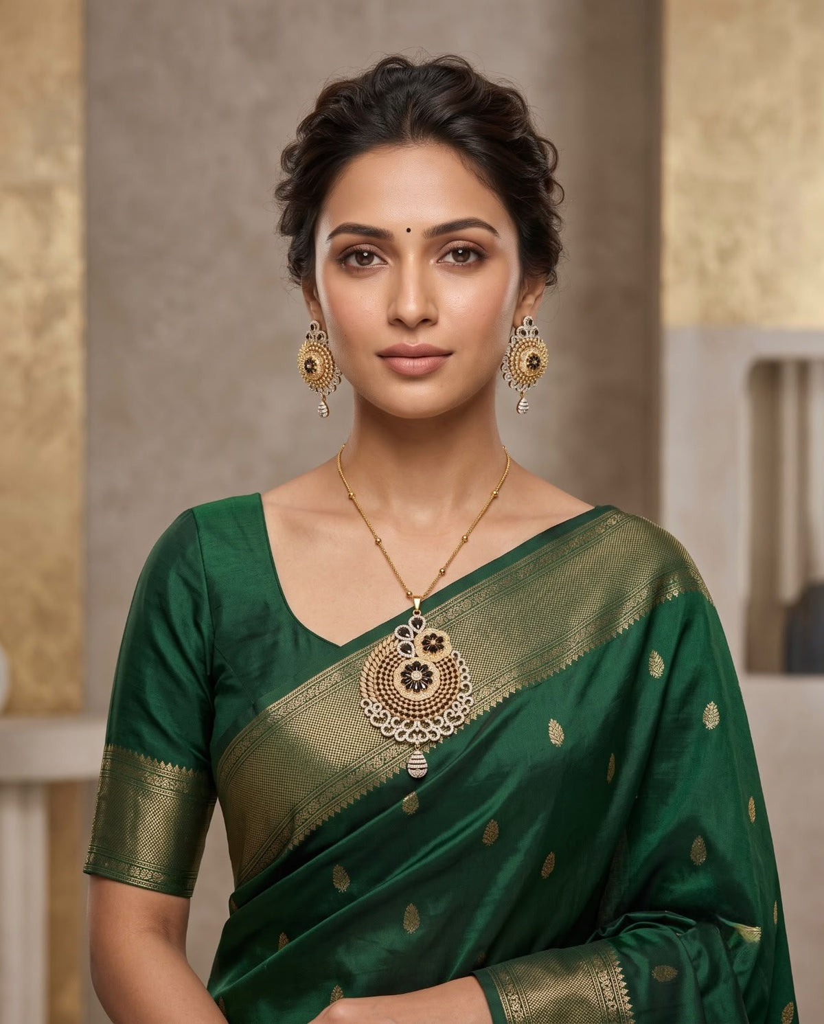 Woman wearing black stone floral necklace set with green saree
