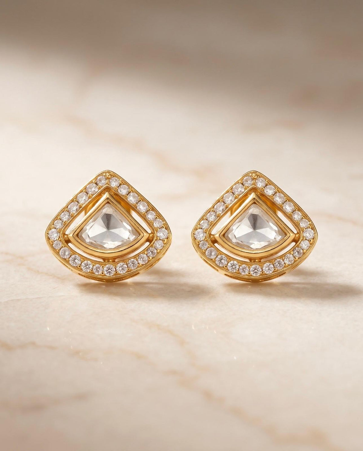 Gold-tone geometric green stone stud earrings
