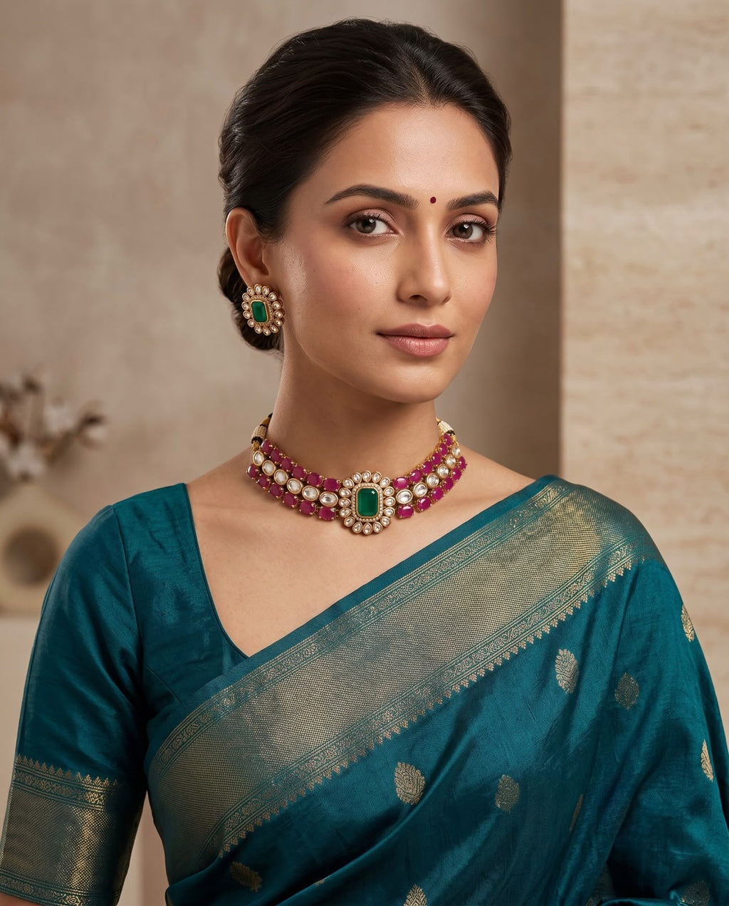 Woman wearing the Emerald Royale Kundan Choker Set with matching emerald green stud earrings and a teal silk saree.