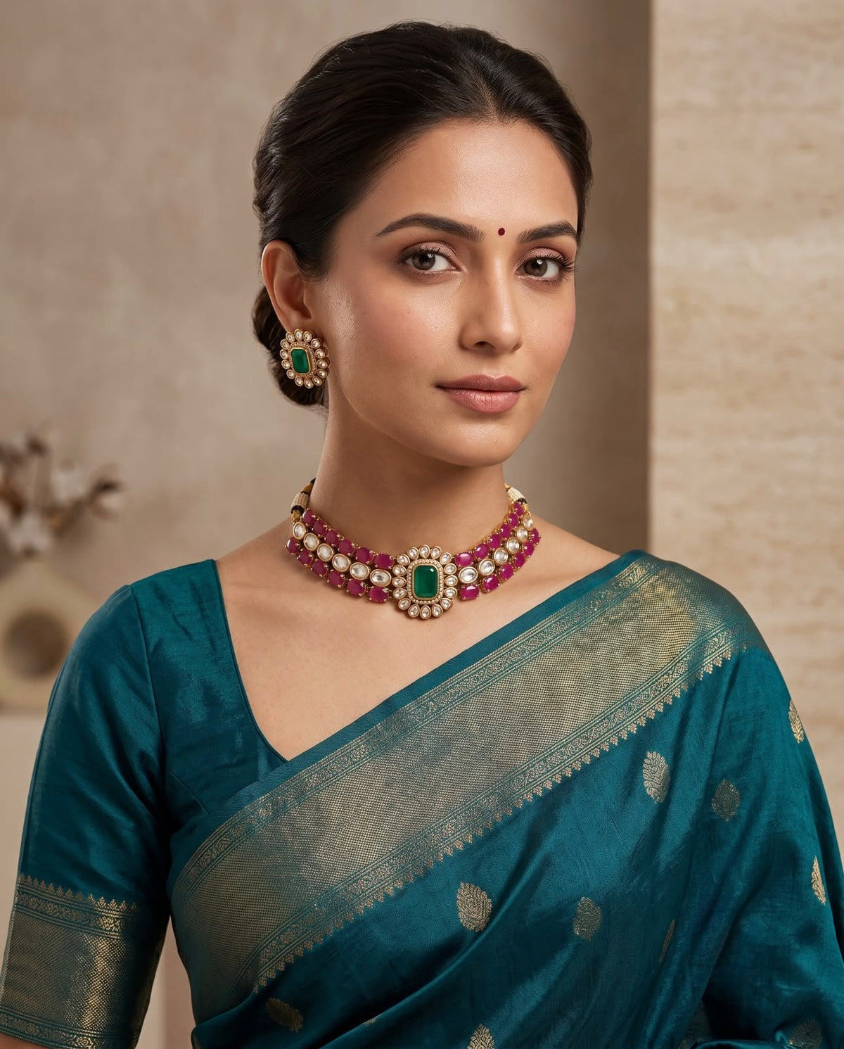 Woman wearing the Emerald Royale Kundan Choker Set with matching emerald green stud earrings and a teal silk saree.