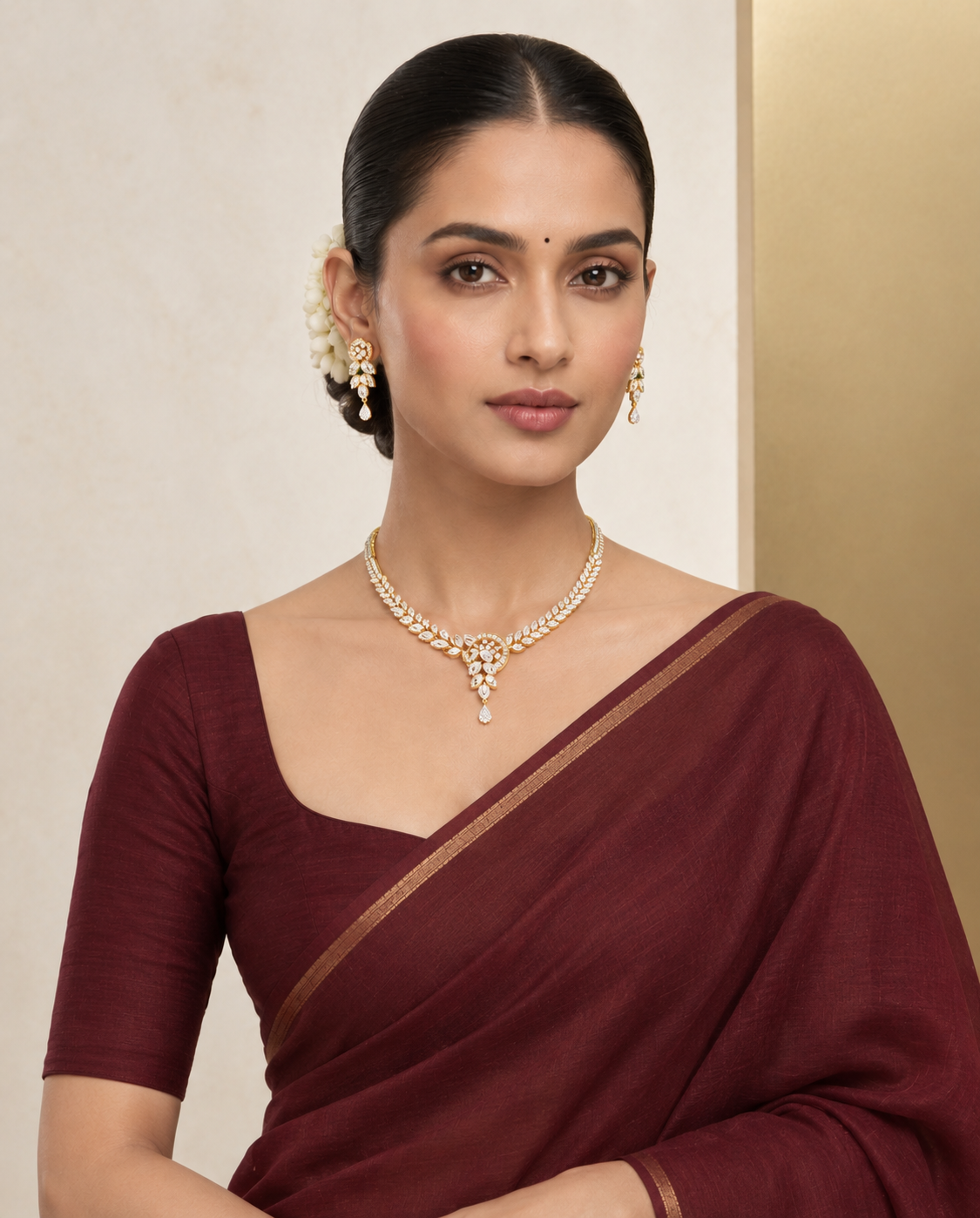 Gold-tone floral drop necklace set worn with maroon saree